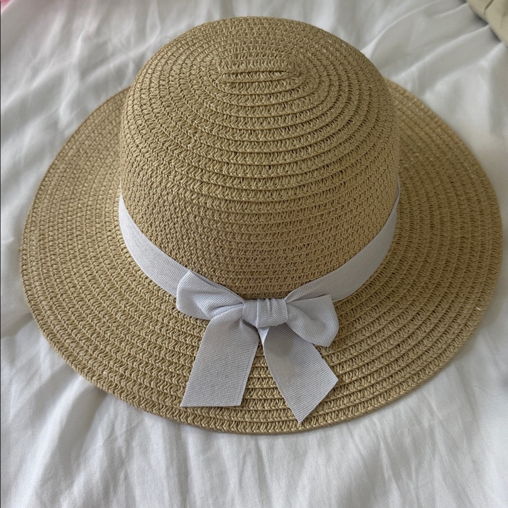 Tan Straw Hat with White Ribbon